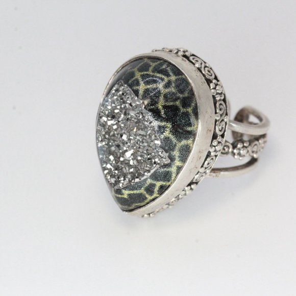 STERLING SILVER SAJEN DRUZY SILVER ANIMAL PRINT SPLIT RING - Picture 2 of 9